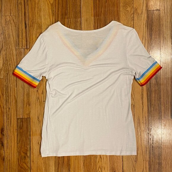 Women's Short Sleeve White T-Shirt with Rainbow Trim Size Small - Picture 3 of 3